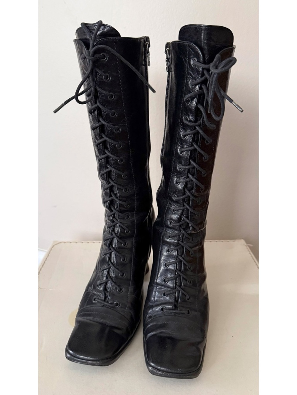 PRADA VINTAGE BLACK MID-CALF BOOTS LACING WOMENS SIZE 35
